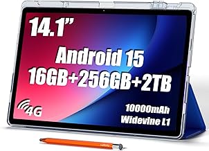 14 inch Large Screen Tablet, Android 15 Tablet 16GB RAM 256GB ROM, 1920 * 1200 IPS FHD Display, Widevine L1, 10000mAh 18W Charging, Wi-Fi & Bluetooth, 4G LTE, with Stand Case & Stylus